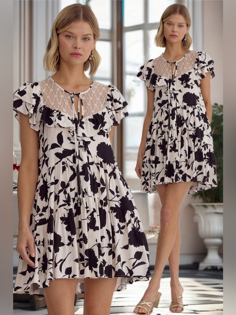 Entro The Colette Ruffle Lace Mini Dress Black Cream Floral Victorian New Small